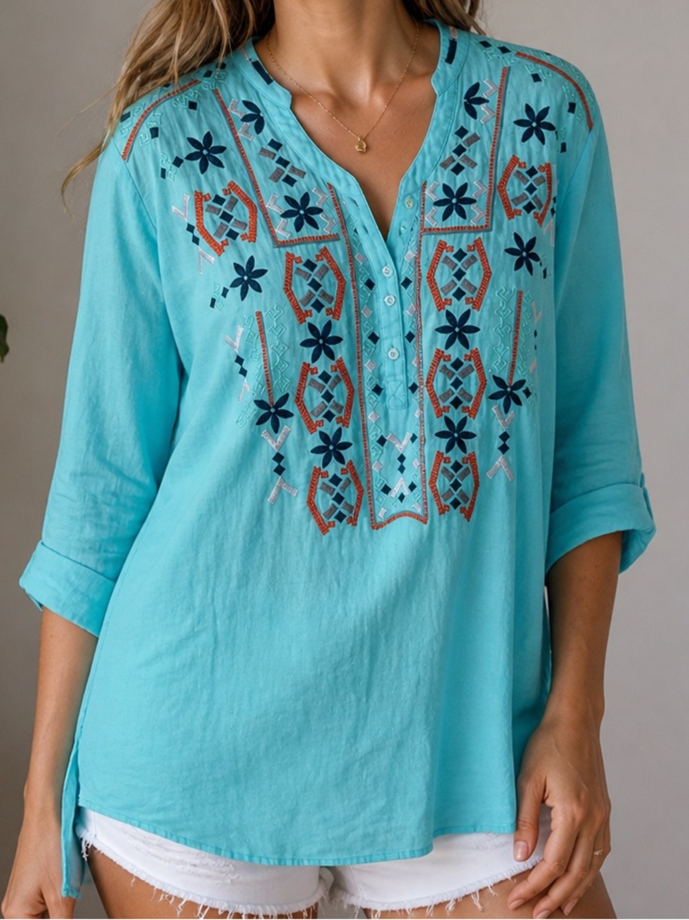Fresh Produce Embroidered Turquoise Tunic Blouse Size M